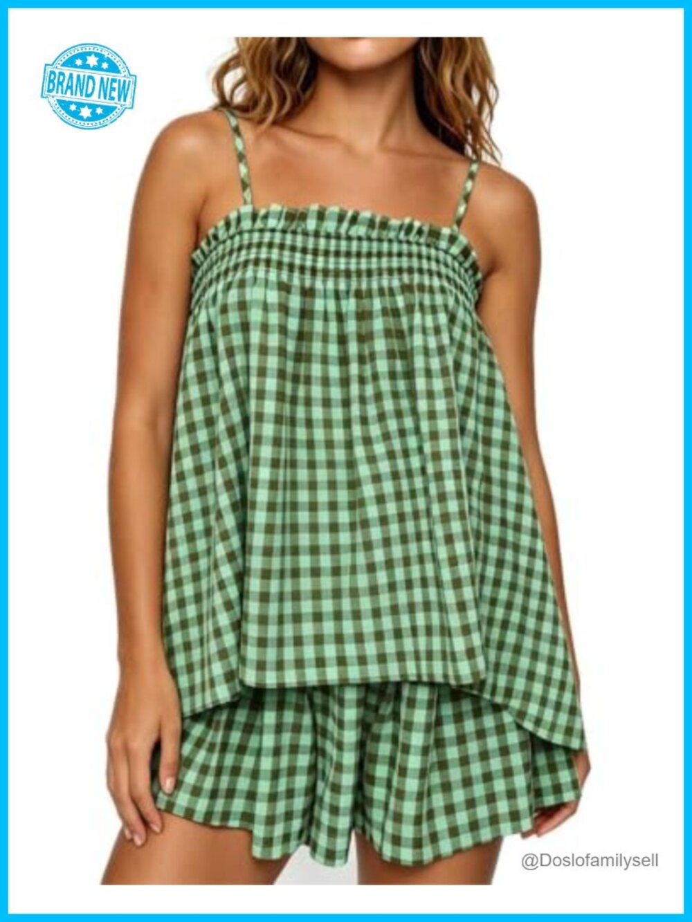 Gingham 2 Piece Pajama Set Peplum Babydoll Cami Top Wide Leg Shorts Sleepwear